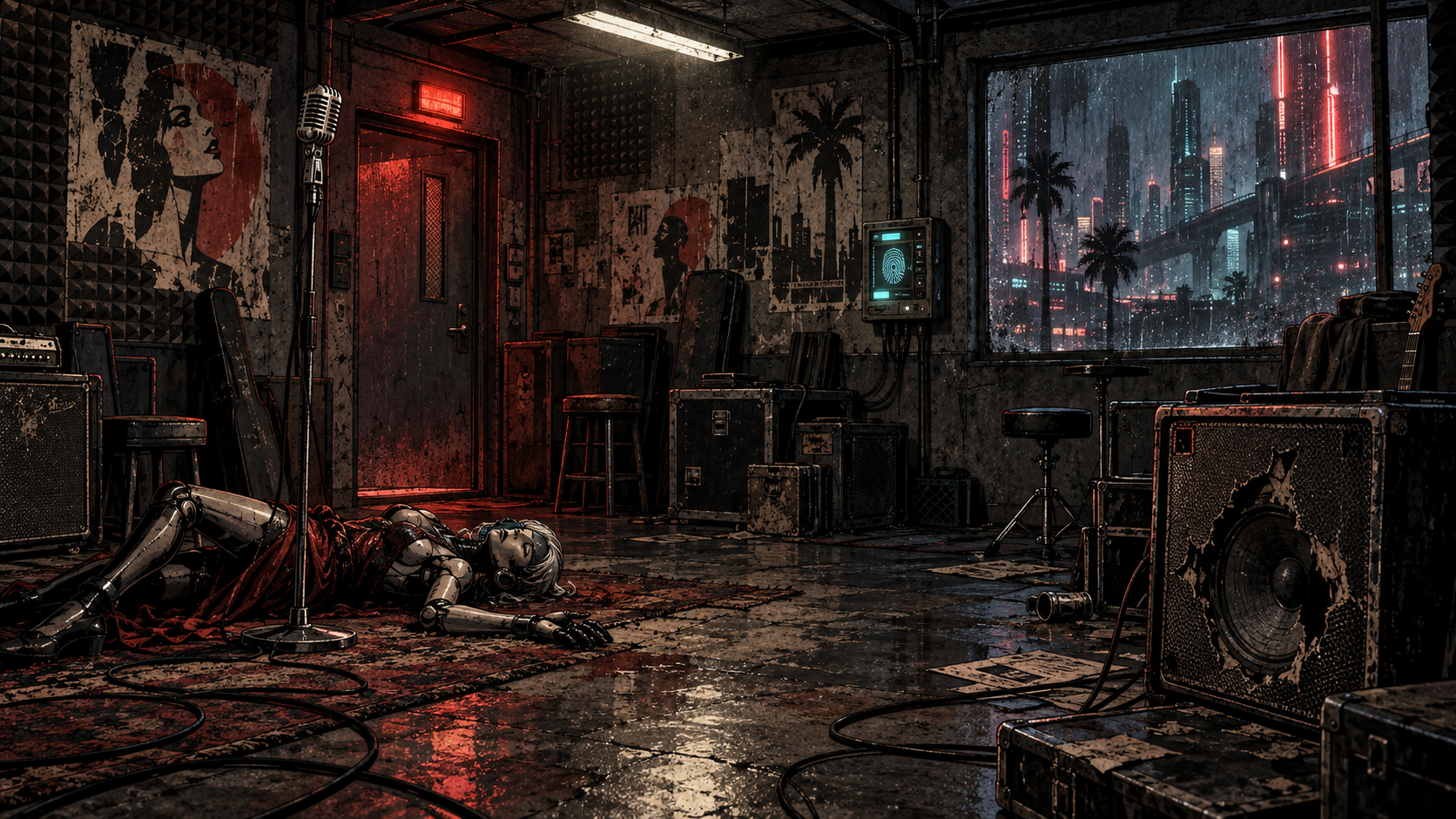 Illustrated futuristic rehearsal room crime scene